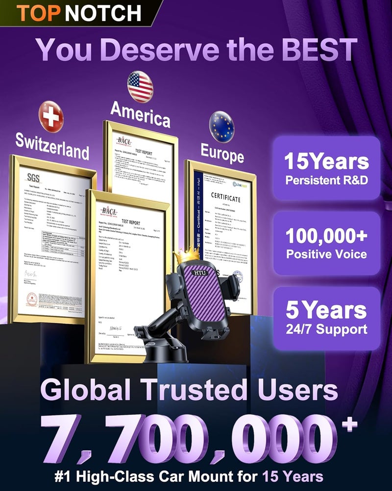 HTU 2026 Ultimate Best【True Military-Grade & Safety Cert】Car Phone Holder【Upgraded 5-in-1 & 100+LBS Strongest Suction】360 Rotation Truck Windshield Dashboard Vent Mount Stand for iPhone Android, Purple - Image 3